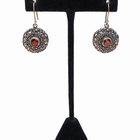 NOVICA 925 Garnet Filigree Medallion Drop Earrings
